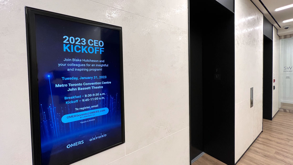 Digital signage advertising the CEO Kickoff event