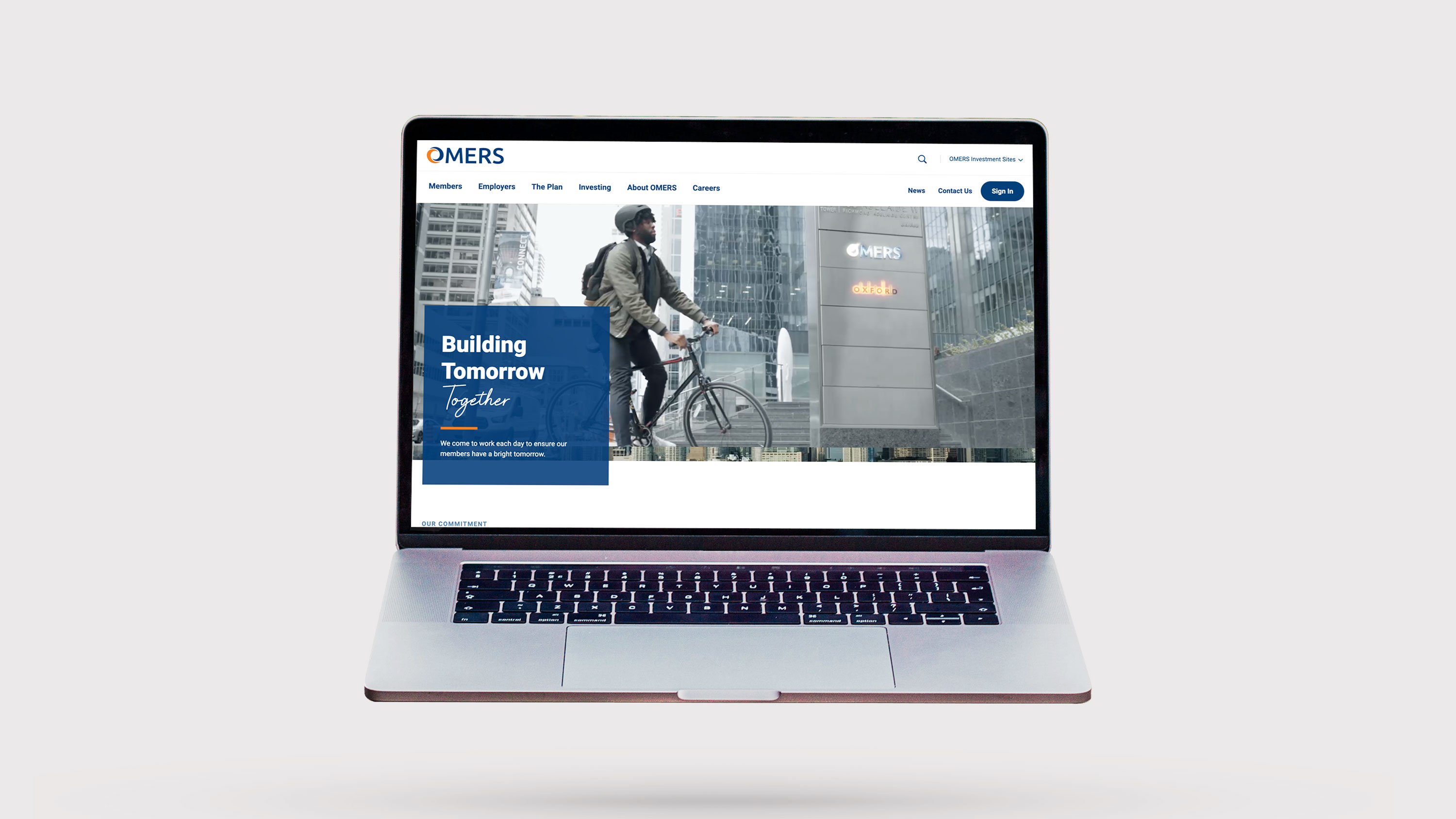 OMERS rejuvenated landing page on a laptop
